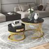End Table 2 In 1 Round Coffee Made of MDF Side with A Marble Tabletop and Plastic Rattan Sofa Drawers Solid Wood Handles Gold-Colored Iron Legs. 70