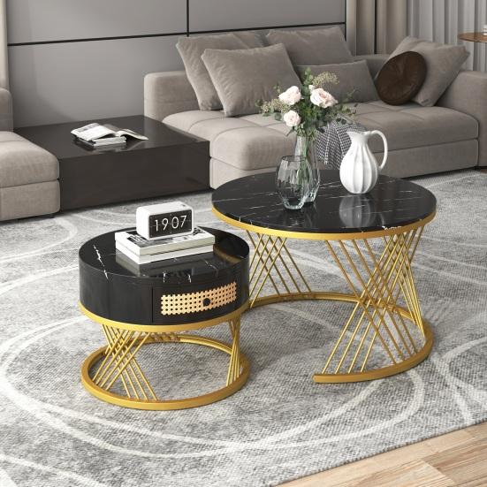 End Table 2 In 1 Round Coffee Made of MDF Side with A Marble Tabletop and Plastic Rattan Sofa Drawers Solid Wood Handles Gold-Colored Iron Legs. 70