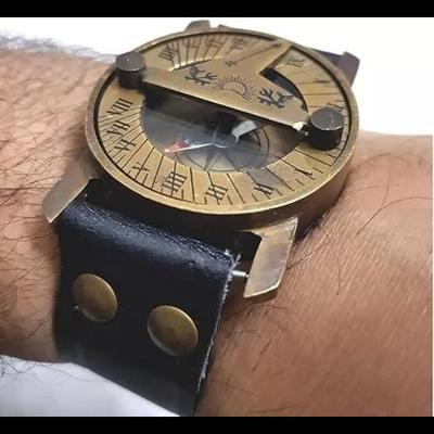 Maritime Steampunk Sundial Compass Wrist Watch Antique Navigation Leather Bracelet, Black