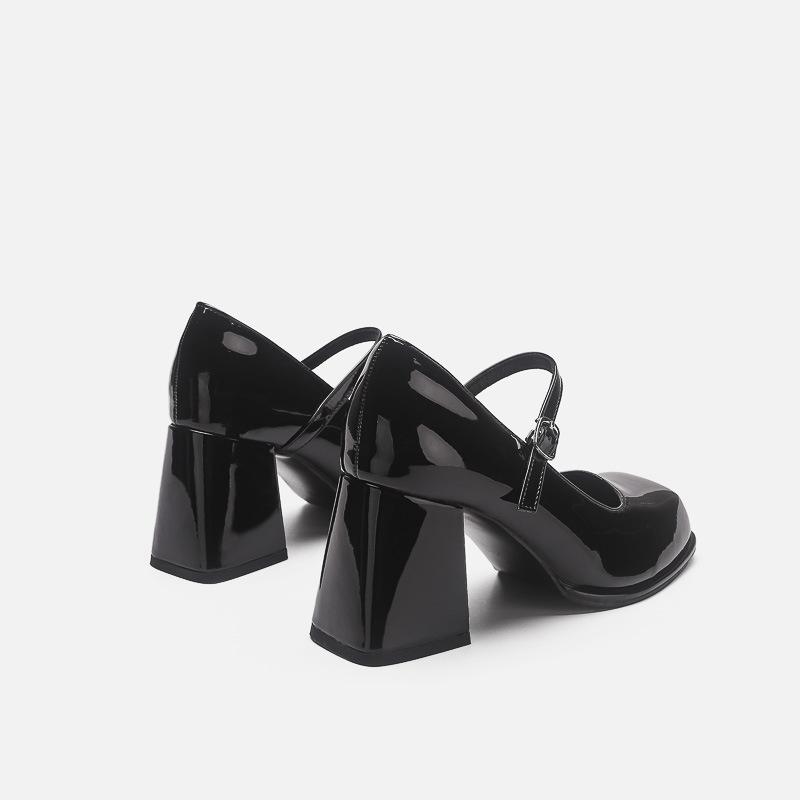 High heels women's retro black college style one-word buckle square head thick sole thick heel small leather shoes Mary Jane single shoes