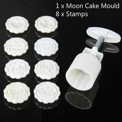 8Pcs/1set Moon Cake Mold Maker Hand Pressure With Mooncake 8 Stamps Flowers Round Motifs Biscuit Moul