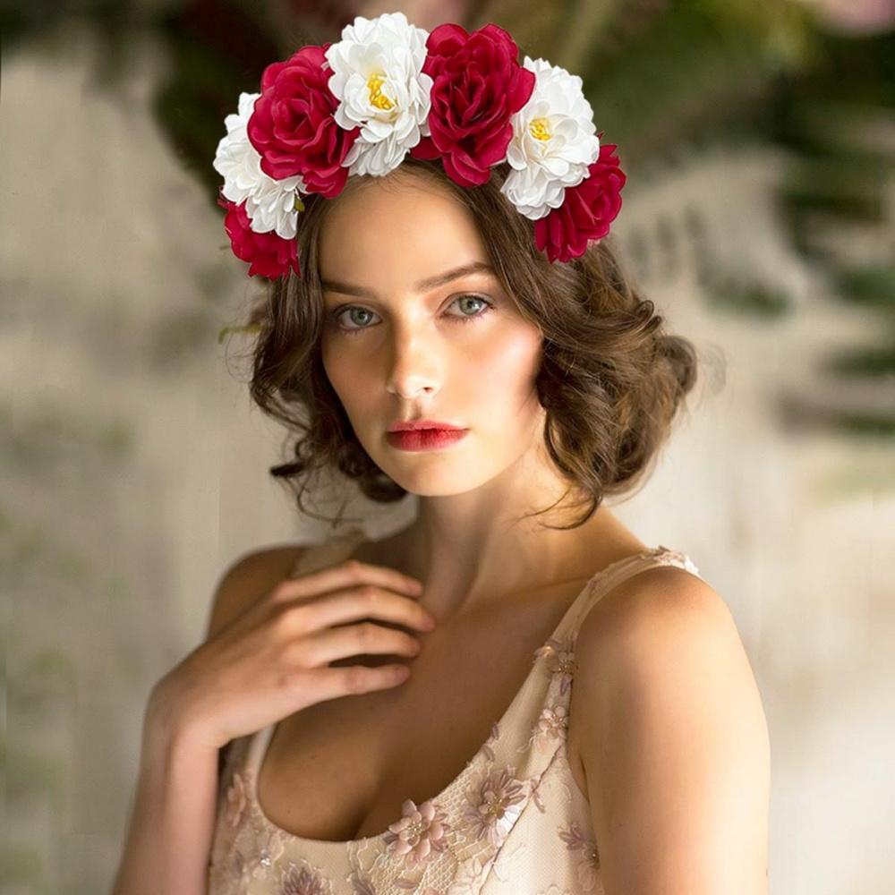 Rose Flower Bohemian Headband Women Bride Floral Wreath Head Hoop Hair Accessories Wedding Festival Mexican Party Decoration