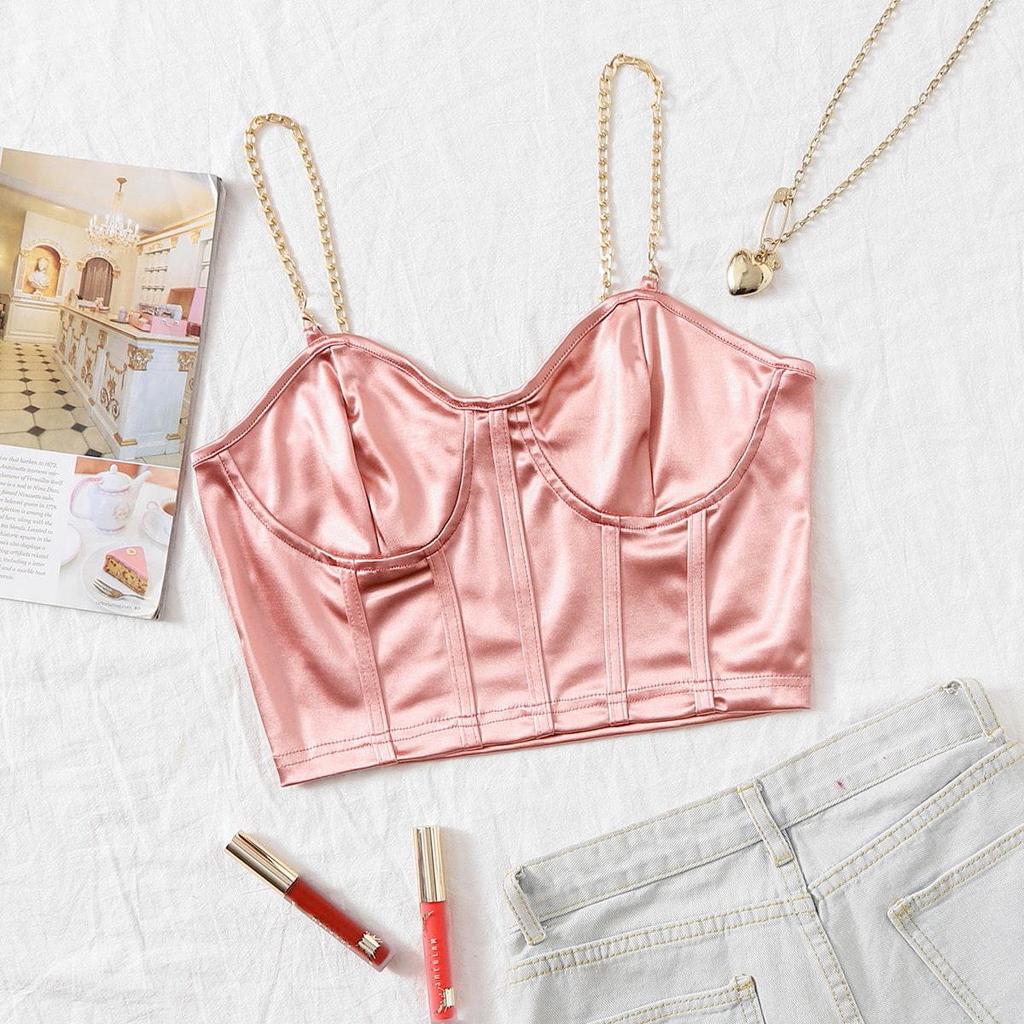 Sexy V Neck Metal Chain Tank Top Solid Halter Crop Tops Women Summer Camis Backless Camisole Fashion Casual Tube Female Sleeveless Cropped Vest Y2K