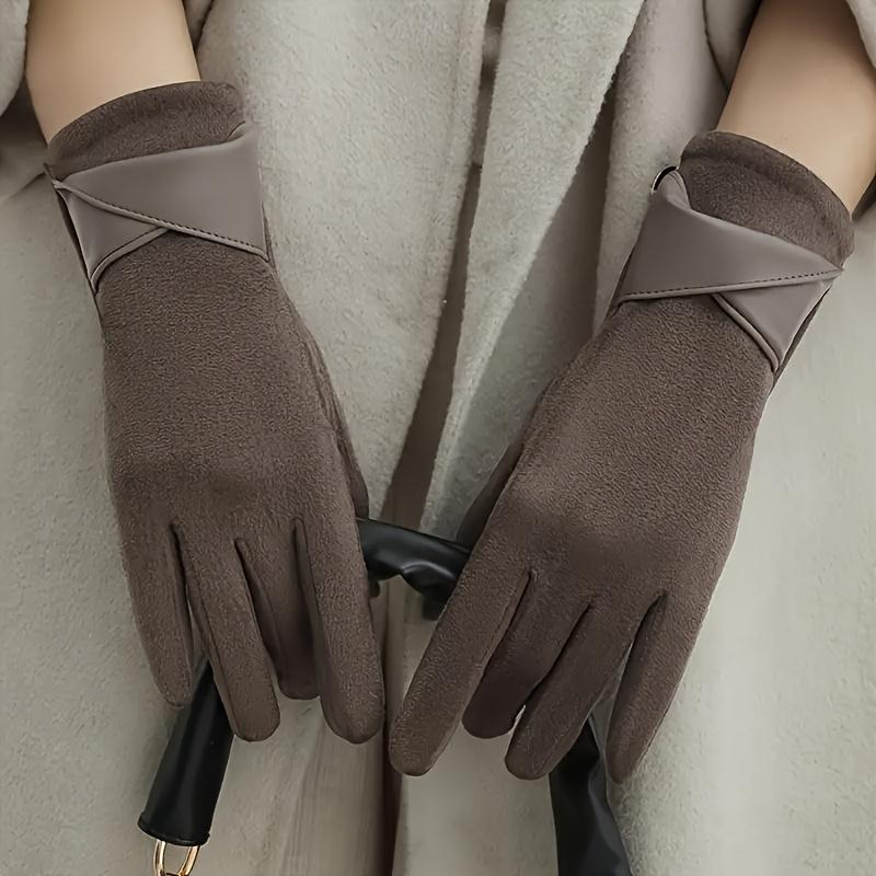 2pcs Women’s Touchscreen Winter Gloves - Elegant Brown PU Leather with Gray Accents, Warm Fleece-Lined, Windproof for Cycling & Outdoor Activities