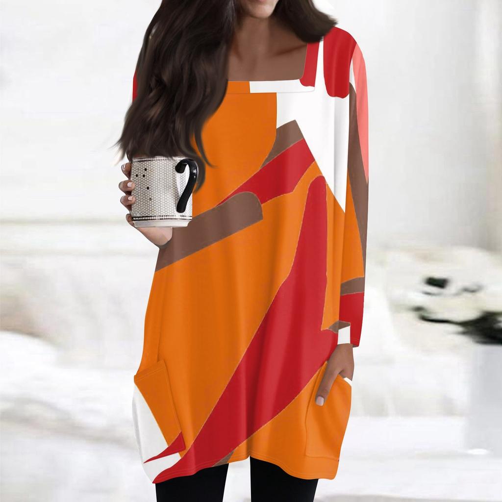 Womens Tops Square Collar Long Sleeve Blouses Casual Mid-length Shirts Fashion Print Tunic Tops With Pockets
