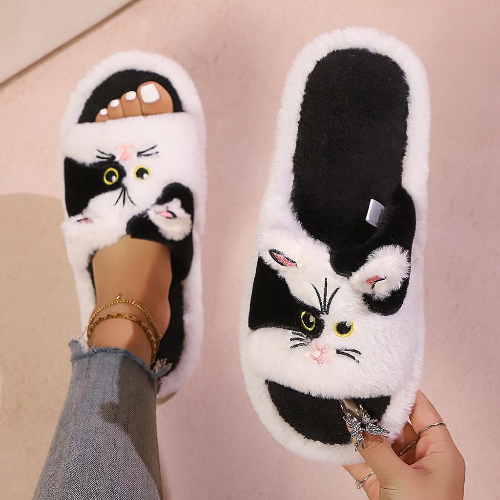 Spring and Autumn new fashion cartoon cute cat slippers Korean version of warm one-word fluffy slippers open