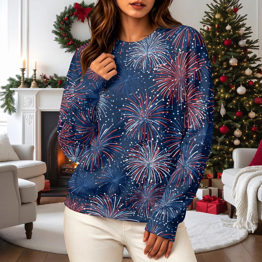 Women's Casual Long Sleeve Christmas Print Neck Pullover Sweatshirt