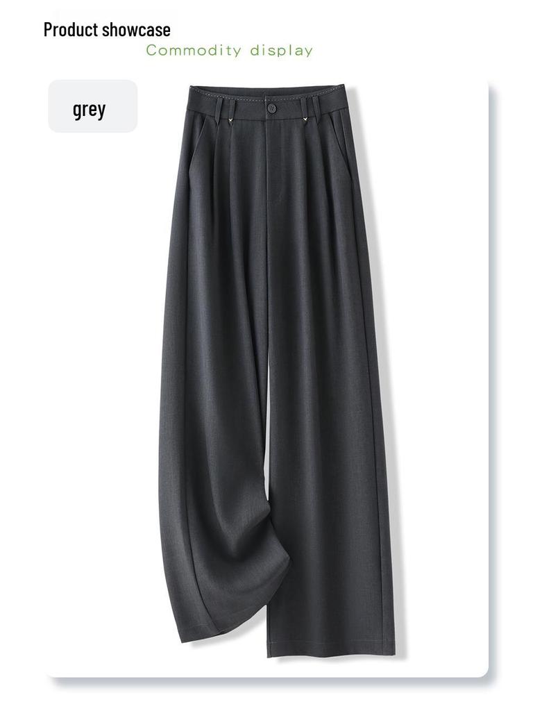 2025 Women's Gray Wide-Leg Floor-Length Pants - Summer Slimming, Loose Fit with a Drapey High-End Feel