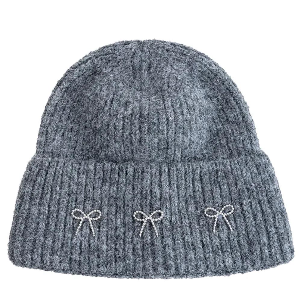 

Новые женские шапки-бини с отворотом, зимние теплые свободные шапки, Y2K шапка для женщин, однотонные с украшением в виде банта, зимние вязаные шапки для девочек 56cm-60cm серый