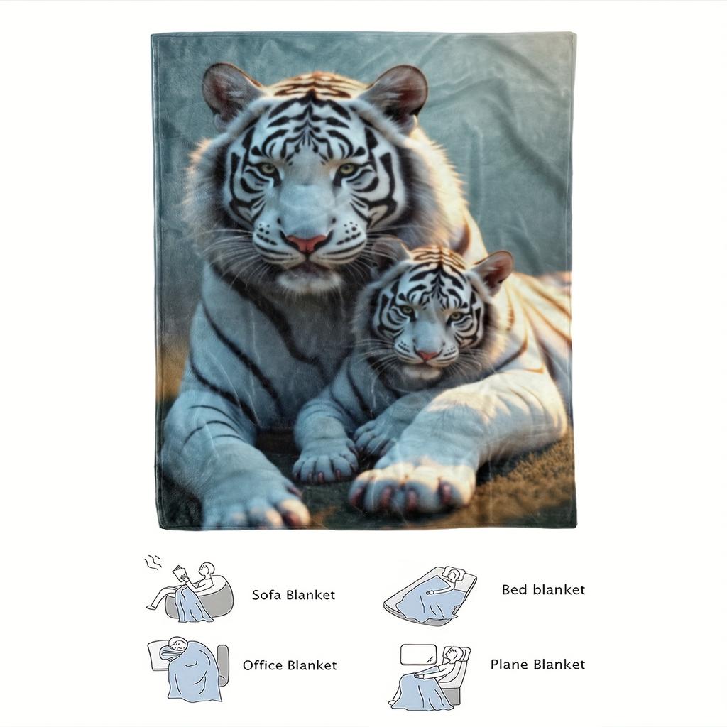 Luxurious White Tiger Print Fleece Blanket - Ultra-Soft Polyester All-Season Bedspread with HD Digital Tiger Design, Plush