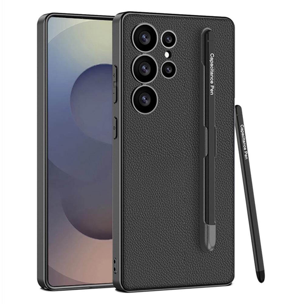 

For Samsung Galaxy S25 Ultra Case with Stylus Skin Touch PU+TPU+PC Phone Back Cover Black