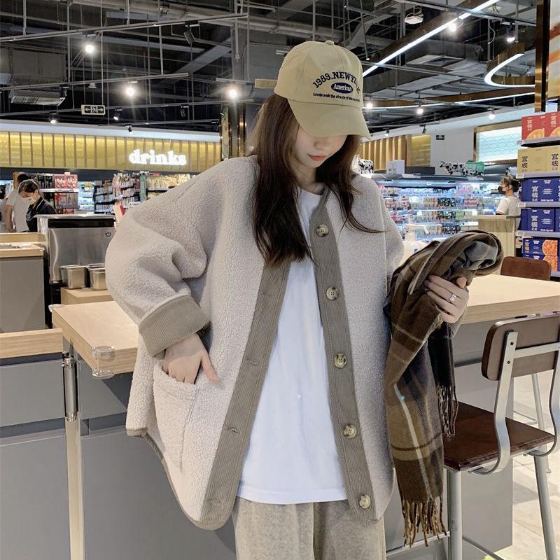 Seasonal Velvet Thickened Cardigan Long-sleeved Casual Loose Simple Contrasting Coat Retro Small Fragrant Coat