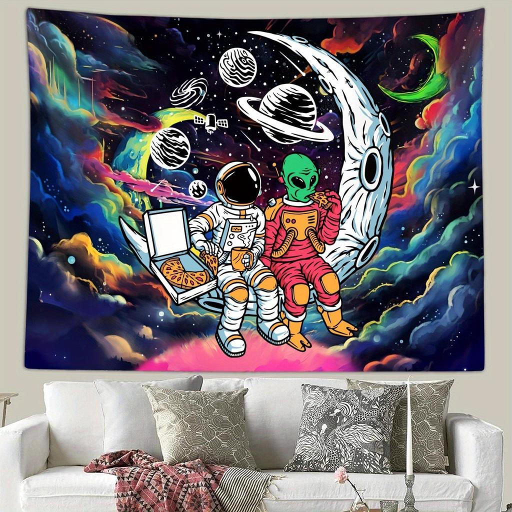 Trippy Astronaut Alien Space Tapestry Cool Galaxy Moon Pizza Print Wall Hanging For Teen Bedroom Dorm Room Decor Multiple Sizes