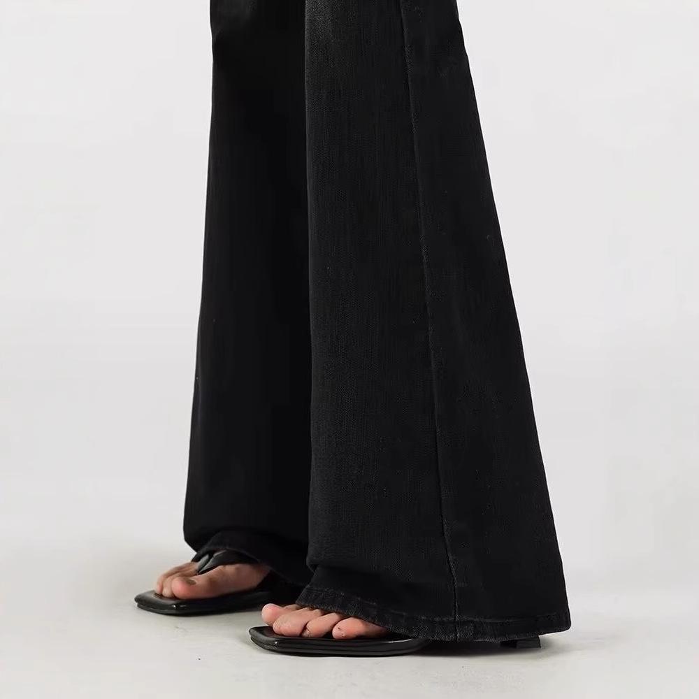 High Waist Retro Black Flare Jeans with Belt - Women's Slimming Floor-Length Pants