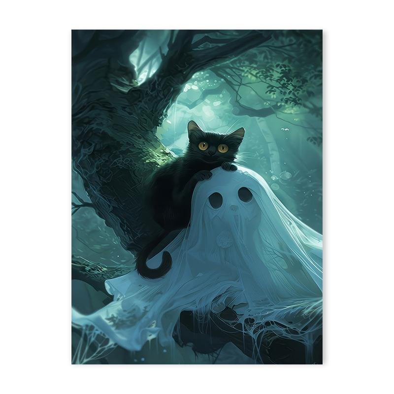 Vintage Halloween Cute Black Cat Candle Ghost Canvas Painting Nordic Dark Horror Academy Posters Bedroom Wall Art Home Decor