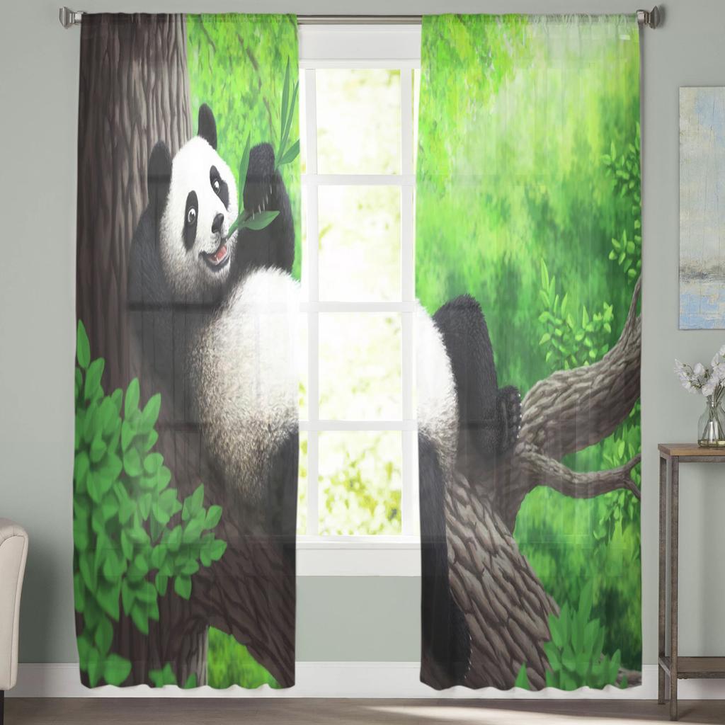 Panda Green Forest Bamboo Cute Sheer Curtains For Living Room Bedroom Kitchen Window Voile Drapes Home Decor