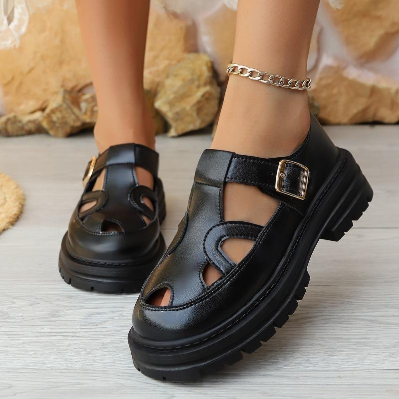 Black Pu Leather Thick Bottom Rome Sandals Women Summer Closed Toe Platform Sandles Woman Fashion Non Slip Beach Sandalias Mujer