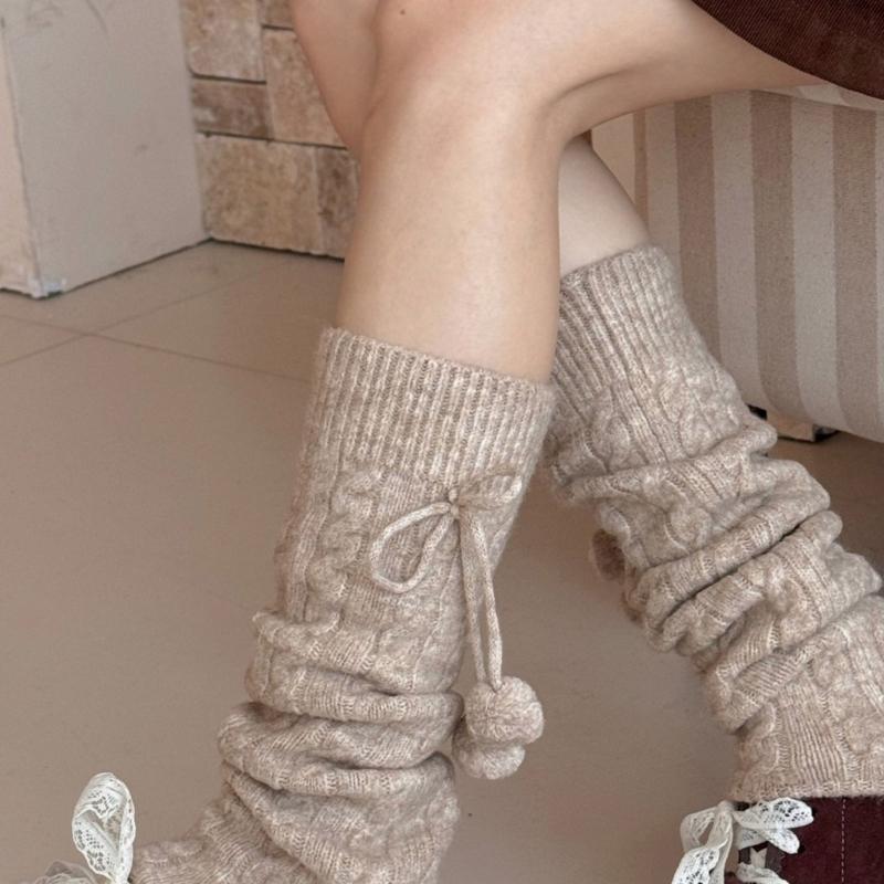Fashionable Plush Balls Bows Adorned Leg Warmers for Women's Cable Knitted Stretchy Leg Covers Sleeves Calf Socks