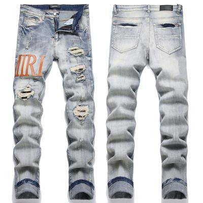New Style Retro Street Fashion Blue Distressed Washed Leather Tag Elastic Slim-fit Cropped Jeans For Men 3539