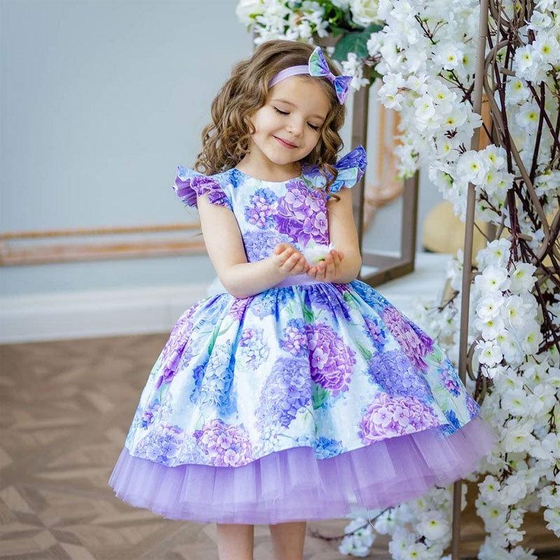 Girl's Holiday Formal Dress with Bowknot Headdress, Printed Christmas Baby Dress