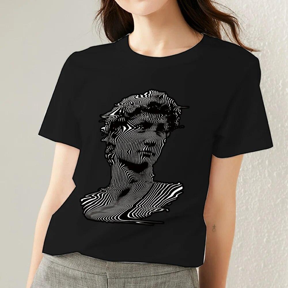 Retro Frauen Kleidung T-shirt Casual Slim Top Einfache Schwarz Pendler Kurzarm Lustige Skulptur Print Damen Mode O-ansatz Top