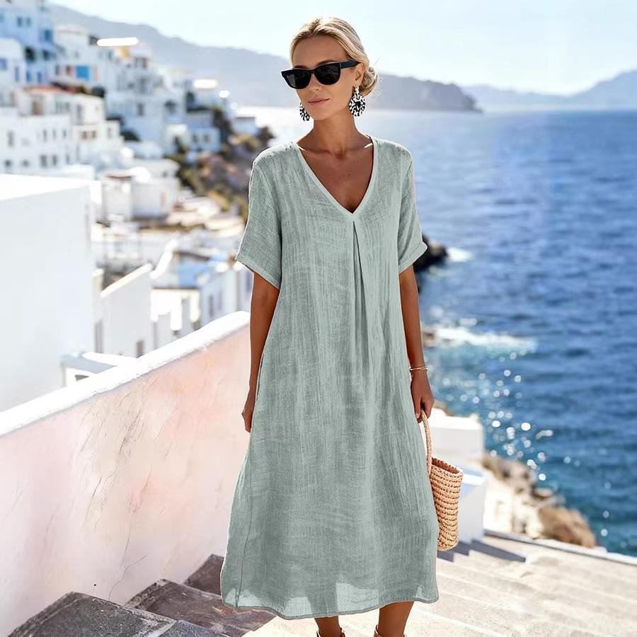 New casual spring and summer loose long dress short-sleeved V-neck solid color cotton and linen dress