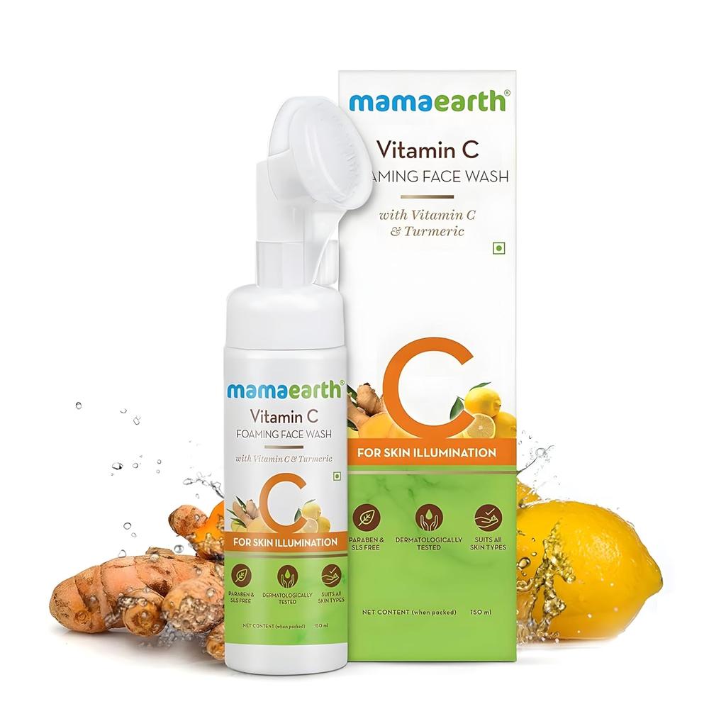 Mamaearth Vitamin C Foaming Face Wash With Silicone Brush For Glowing Skin, Oil Control & Deep Pore Cleanse - 150ml