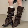 Eilyken New Fashion Round Toe Lace-up Knee-High Boots Woman Square Heels Long Booties Shoes Autumn Winter Zapatos De Mujer
