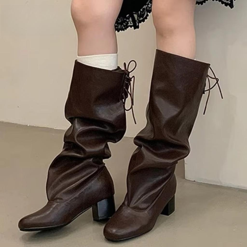 Eilyken New Fashion Round Toe Lace-up Knee-High Boots Woman Square Heels Long Booties Shoes Autumn Winter Zapatos De Mujer
