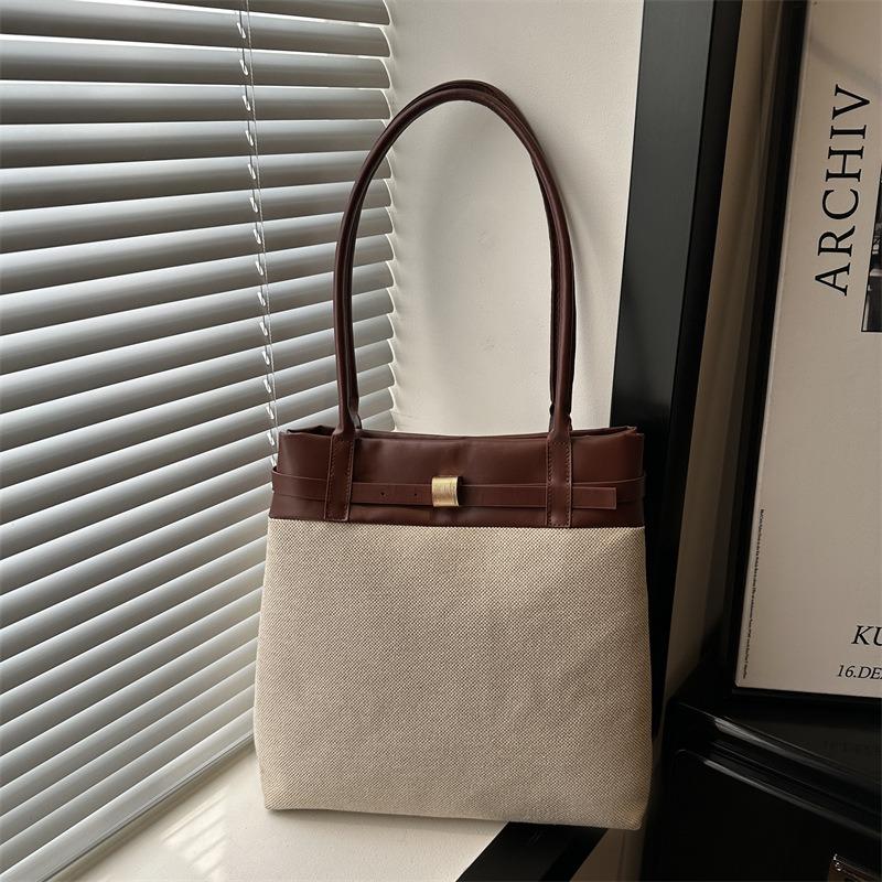 Large-capacity Canvas Contrasting Color Tote Bag, New Fashionable and Simple Portable Shoulder Bag, Commuter Bag, Women's Bag