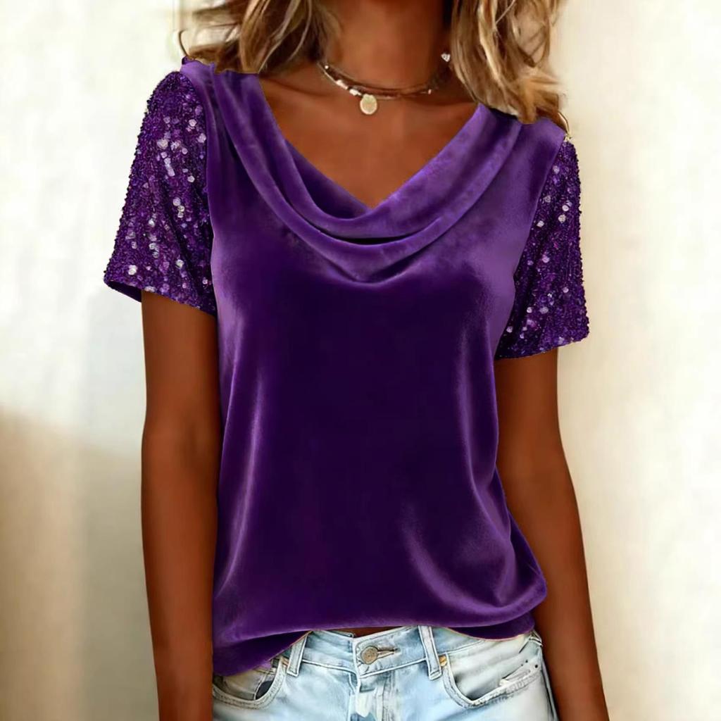 2026 European & American Velvet High-Neck Sequin Patchwork Short-Sleeve Women's Fashion Top