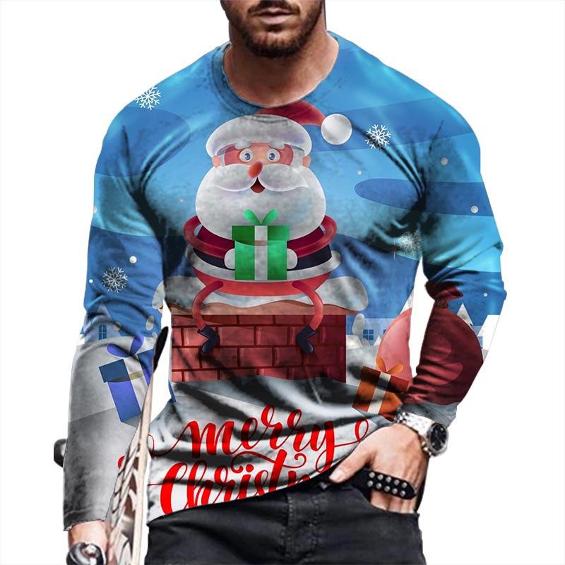 Round Neck 3D Christmas Pattern Top Casual Long Sleeved Men's T-shirts - Soft Medium Stretch Polyester Fabric Spring and Autumn Relaxed Fit Clothing