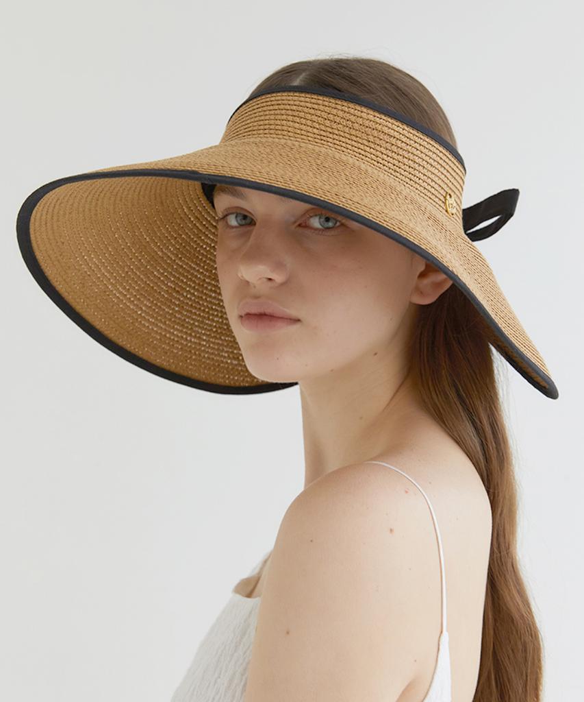 Hallen Wide Ribbon Logo Pendant Raffia Sun Visor (C010_Beige)