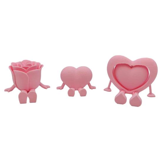 3 Pcs 3D Printed Valentine's Day Decoration Articulated Pink Heart Rose Figurine with Flexible Legs for Office Home Shelf Decor Lovers