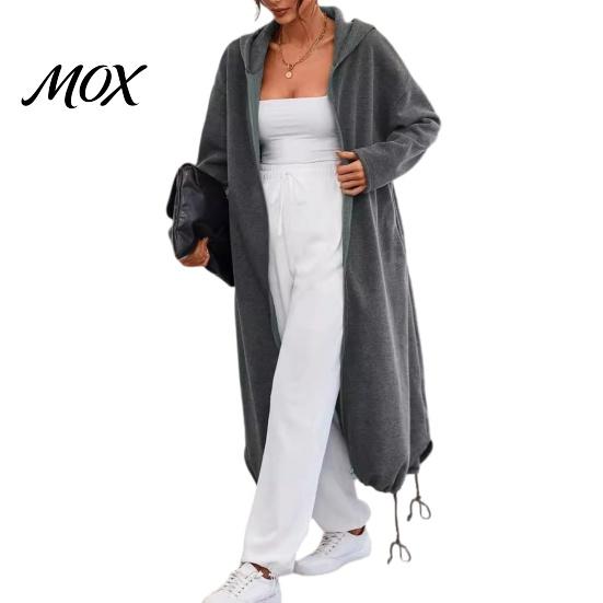 Women Outdoor Coats Long Hooded Jacket for Fall Winter, Loose Oversized Casual Autumn Zip-Up Outerwear Coat, Solid Color Tunic Hoodie Top with Pockets