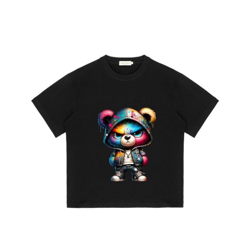 Cute Bear Streetwear T-Shirt Black Colorful Graffiti Bear with Hoodie and Sneakers Urban Fashion Casual Wear for Men and Women