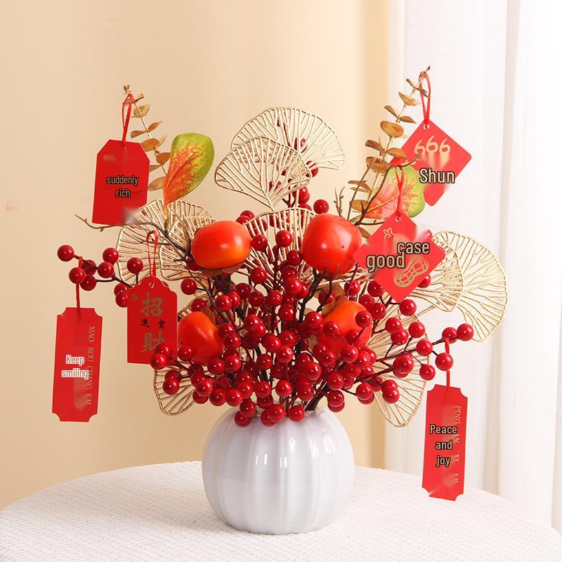 Luxurious Chinese-Style Pomegranate Fruit Arrangement: Faux Red Berries & Flowers for Living Room or Restaurant Decor