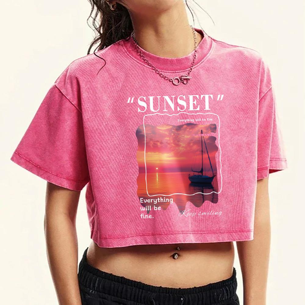 Seaside Scenery Sunset Print Women Washed T-Shirt Casual Short Sleeve Retro Cotton T Shirts Sports Fashion Crop Tee Tops