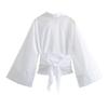New Women's Fashion Casual Polo Neck Bow Tie Up Short Edition Double Breasted Poplin Shirt