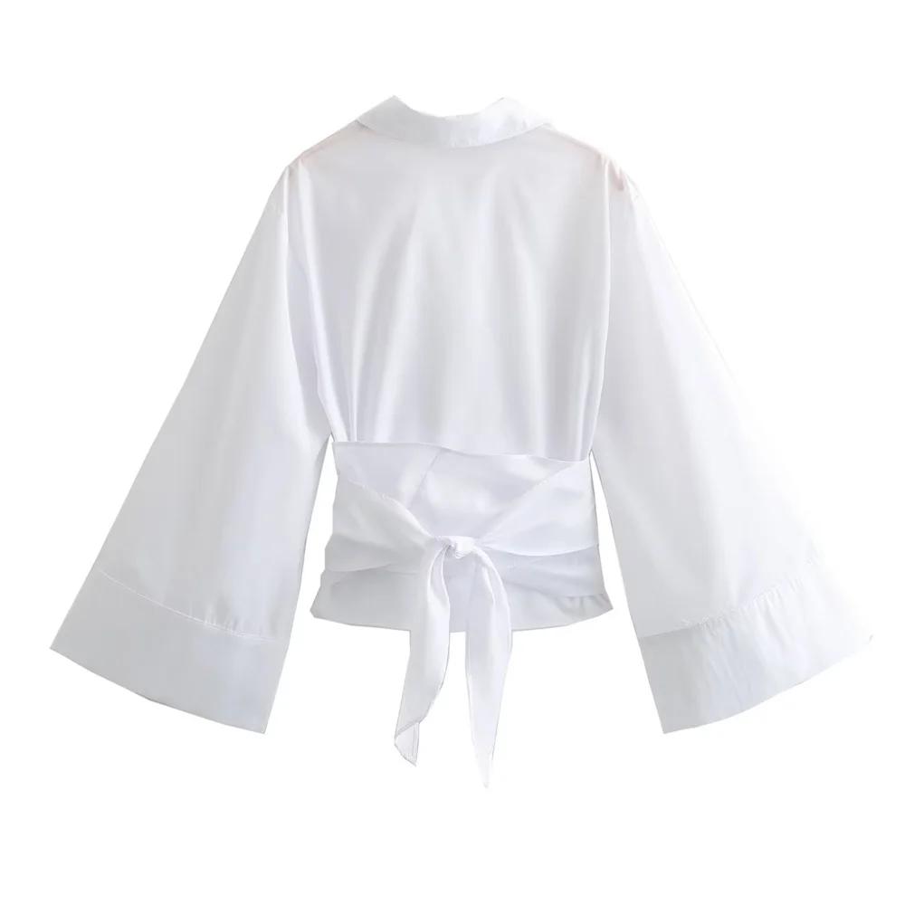New Women's Fashion Casual Polo Neck Bow Tie Up Short Edition Double Breasted Poplin Shirt