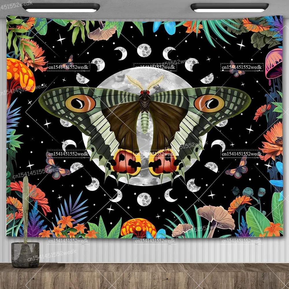 Mondphase Schmetterling Wandteppich Schädel Psychedelisch Mond und Sterne Motte Wolf Wandteppiche Wandbehang Für Zimmer Ästhetische Deko Poster