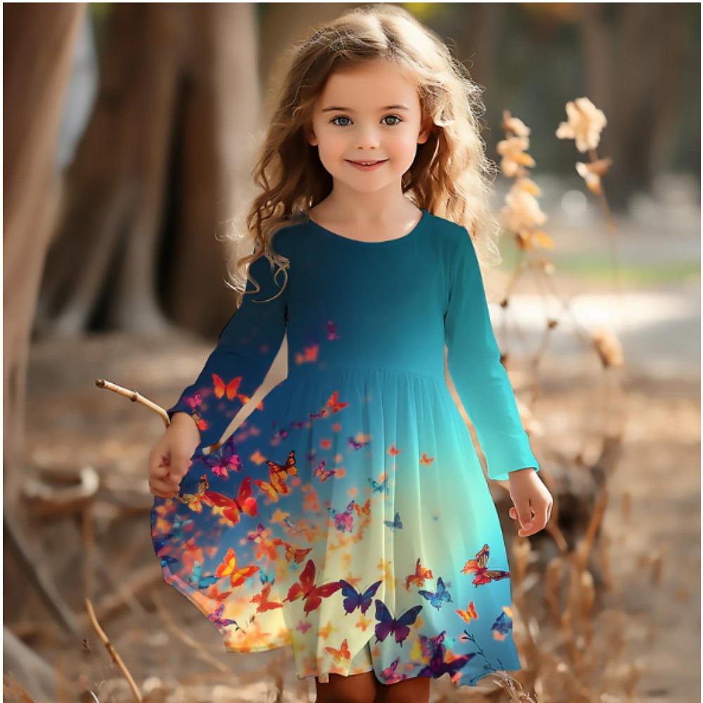 Vestito Casual da Bambina con Stampa 3D a Farfalle, Girocollo, Manica Lunga, Vestito da Principessa per Bambina