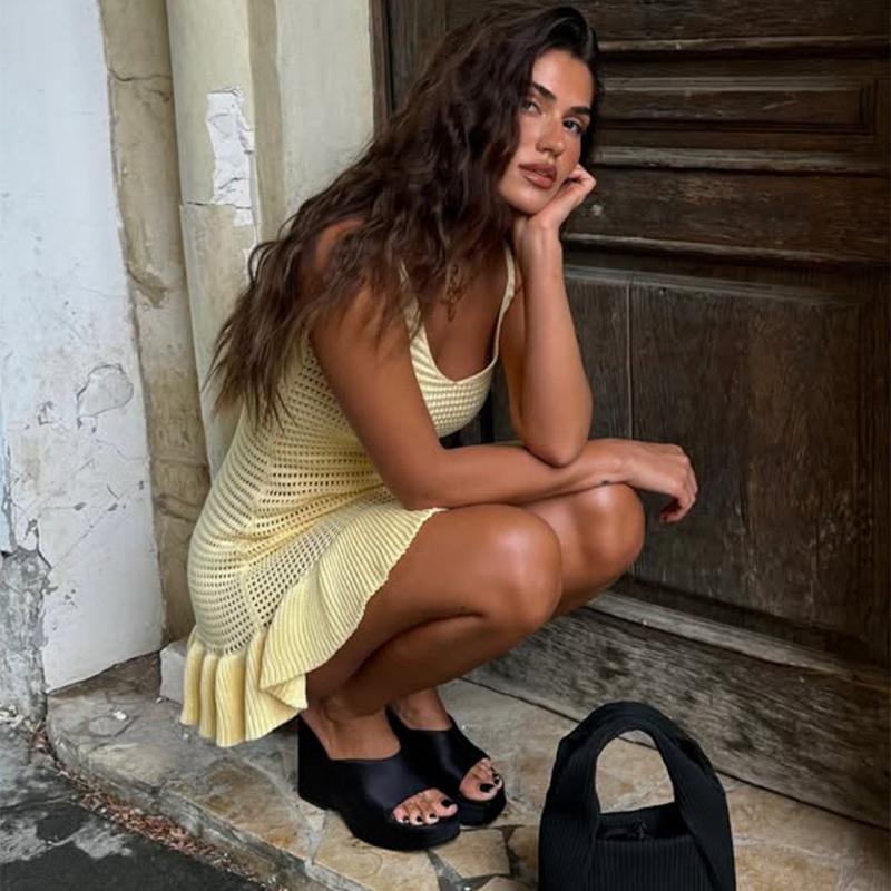 Summer Women Knitwear Knit Ruffled Hollow Out Mini Dress Female V Neck See Through Holiday Beach Casual Clothes Dress