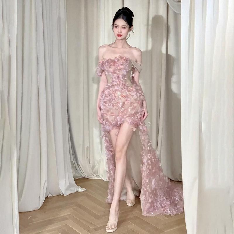 2026 French Pink One-Shoulder Strapless Dress: Elegant High-End Party & Engagement Attire