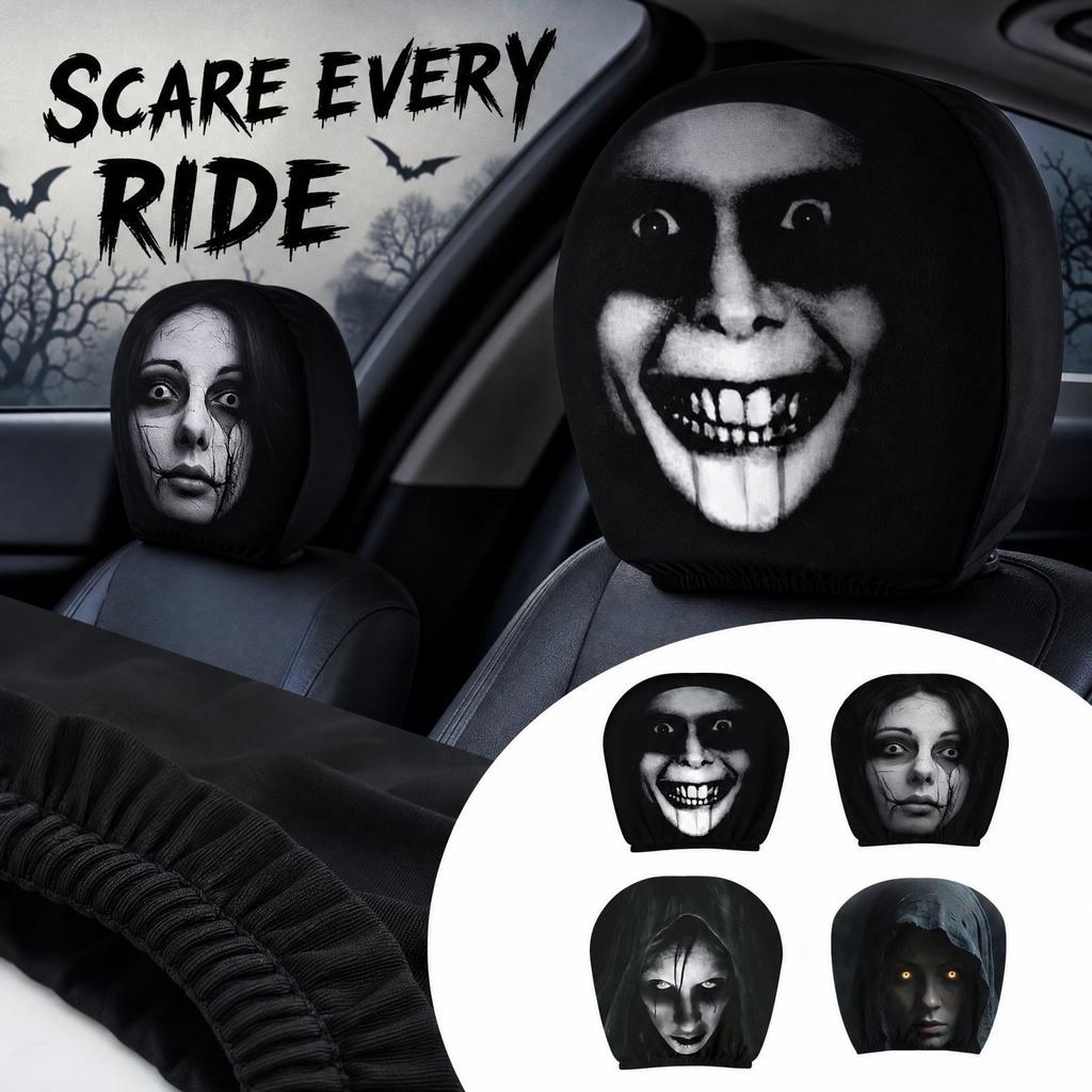 Halloweenový oboustranně potištěný potah na opěrku hlavy do auta - Balení 2 ks, Strašidelný design pro auto