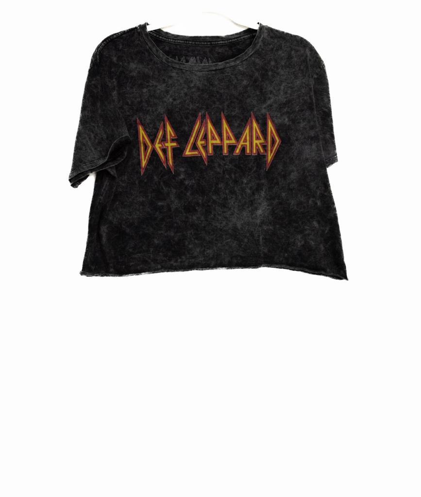 Def Leppard Womens Black Cotton T-Shirt Cropped Short Sleeve Round Neck M