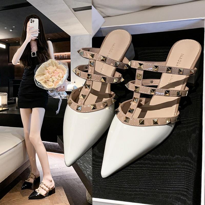 Fashion Studded Pointed Toe Patent Leather Block Heel High Heels 2025 Summer New Women's Shoes Half Slippers