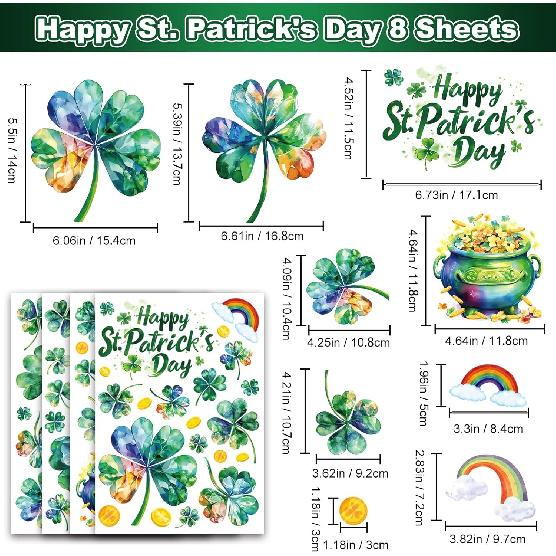 St Patricks Day Window Clings for Glass Windows, Saint Patrick's Day Shamrock Decor, Spring Window Sticker Decal for Gifting and Holidays, 8 Sheets