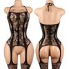 Black Crotchless Lingerie Women Open Back Hanging Neck Bras Body Suits Sexy Fishnet Hollow Bodystockings Erotic Underwear Sets