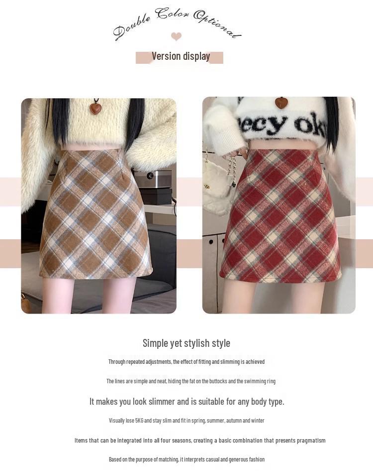 Dámská retro vlněná kostkovaná sukně A-linie s vysokým pasem - Podzimní/zimní slim fit krátká sukně